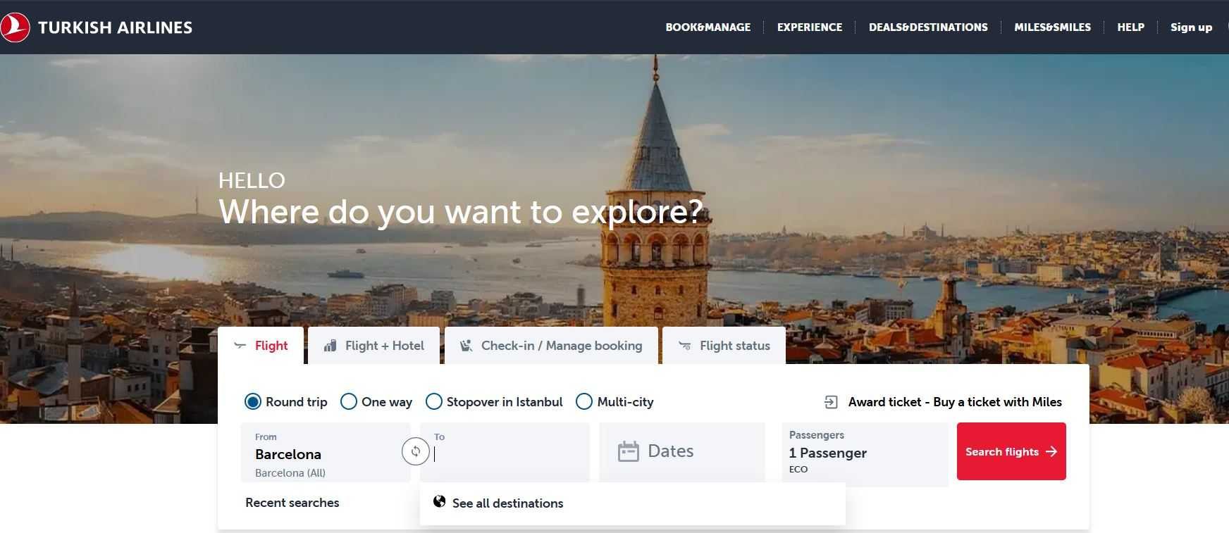 Turkish Airlines homepage