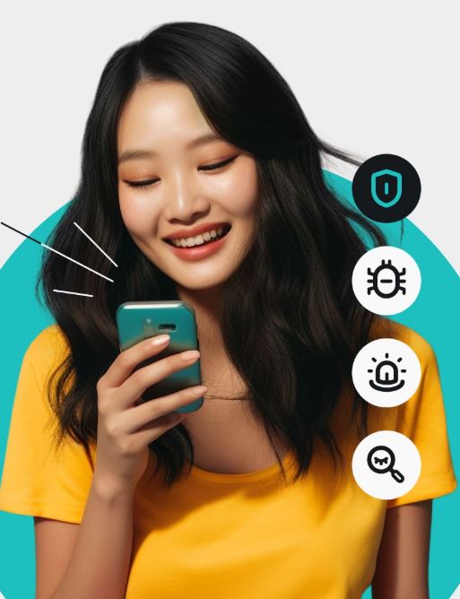 Νέα γυναίκα με κίτρινο πουκάμισο και πράσινο κινητό στο χέρι της